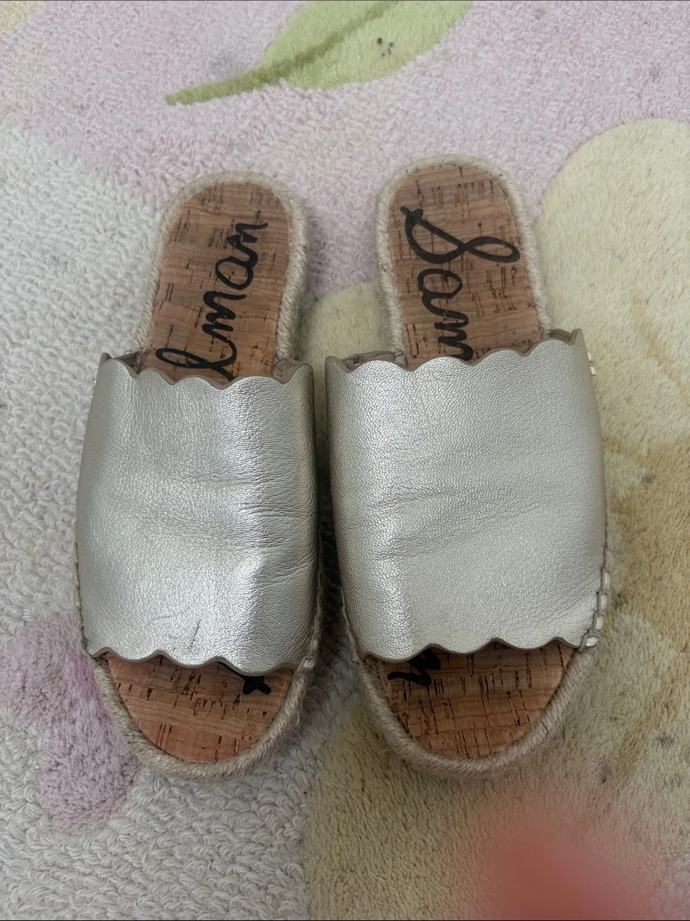 Sam Edelman Metallic Silver Scalloped Espadrille Slides